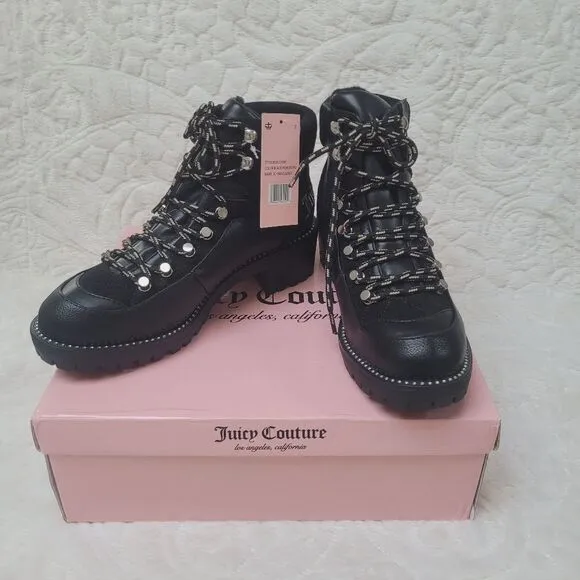 Juicy Couture Indulgence Boot Booties Black Pebbled Faux Leather Lug Sole 7 New