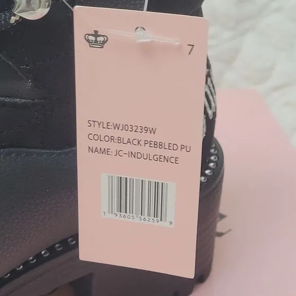 Juicy Couture Indulgence Boot Booties Black Pebbled Faux Leather Lug Sole 7 New