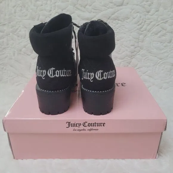 Juicy Couture Indulgence Boot Booties Black Pebbled Faux Leather Lug Sole 7 New