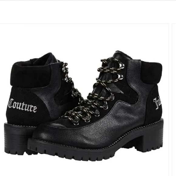 Juicy Couture Indulgence Boot Booties Black Pebbled Faux Leather Lug Sole 7 New