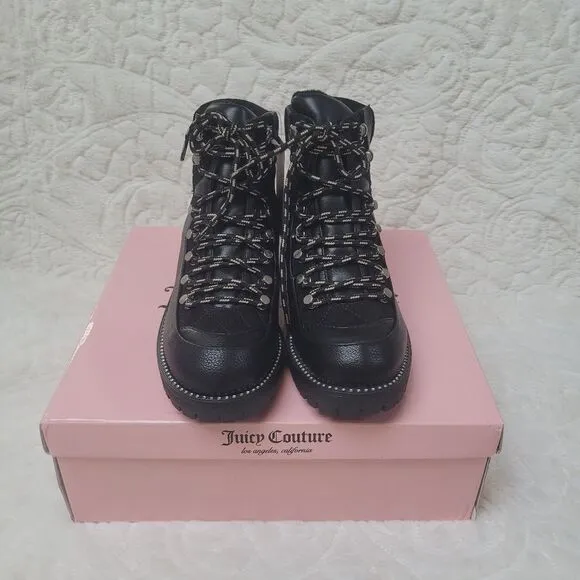 Juicy Couture Indulgence Boot Booties Black Pebbled Faux Leather Lug Sole 7 New