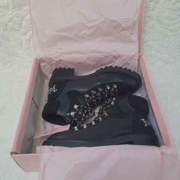 Juicy Couture Indulgence Boot Booties Black Pebbled Faux Leather Lug Sole 7 New