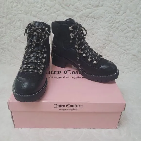 Juicy Couture Indulgence Boot Booties Black Pebbled Faux Leather Lug Sole 7 New