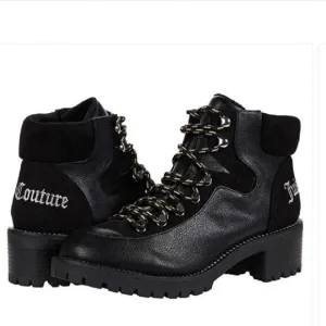 Juicy Couture Indulgence Boot Booties Black Pebbled Faux Leather Lug Sole 7 New
