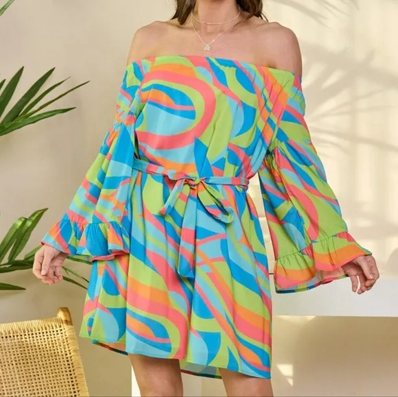 Kaleidoscope Dreams Off-Shoulder Dress -  Tropical