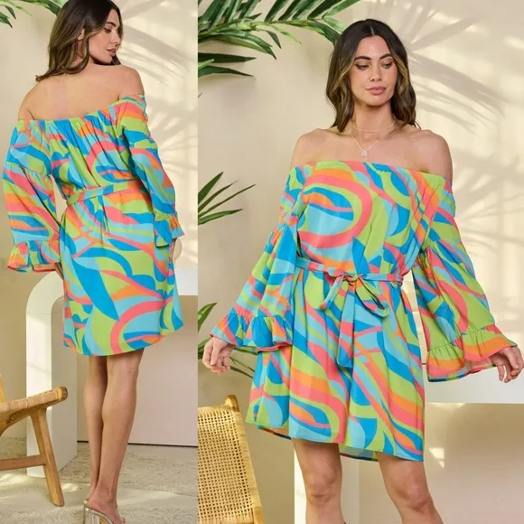 Kaleidoscope Dreams Off-Shoulder Dress -  Tropical