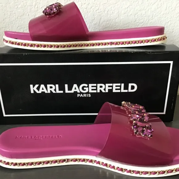 KARL LAGERFELD PARIS Women's Bijou Embellished Slide Sandals, size 9.5