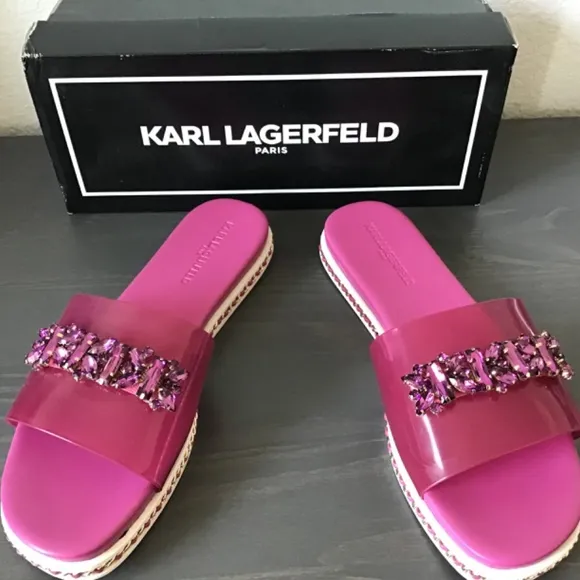 KARL LAGERFELD PARIS Women's Bijou Embellished Slide Sandals, size 9.5