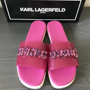 KARL LAGERFELD PARIS Women's Bijou Embellished Slide Sandals, size 9.5