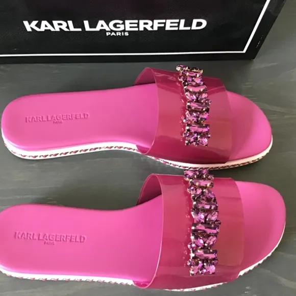KARL LAGERFELD PARIS Women's Bijou Embellished Slide Sandals, size 9.5