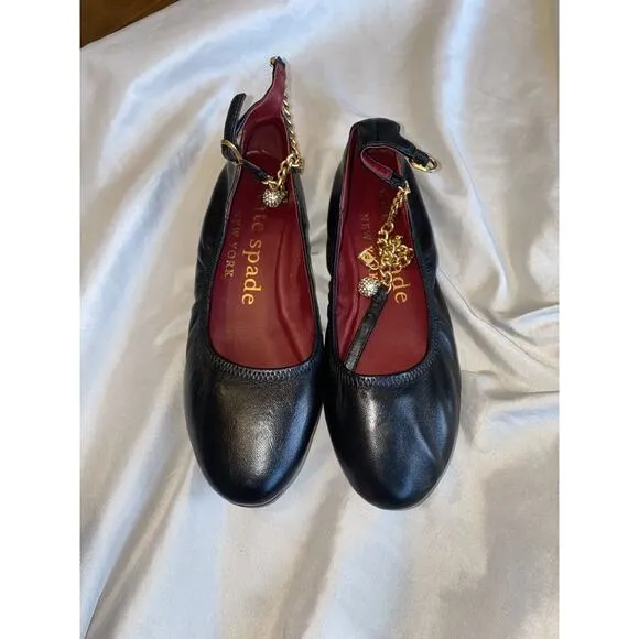 Kate Spade Crush Flats Women's 5.5 Black Leather Chain Ankle Strap Shoes S47