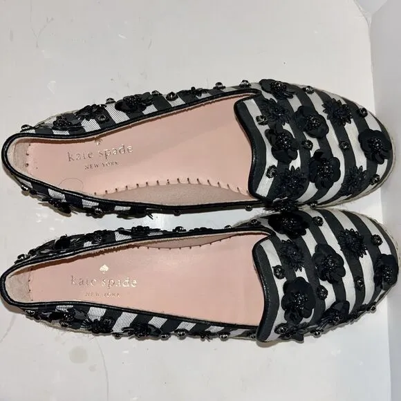 kate spade Leigh 8M Black/White Striped Sheep Nappa Espadrille Flat Sequin $158