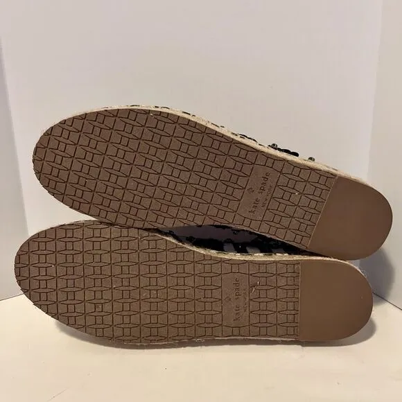 kate spade Leigh 8M Black/White Striped Sheep Nappa Espadrille Flat Sequin $158