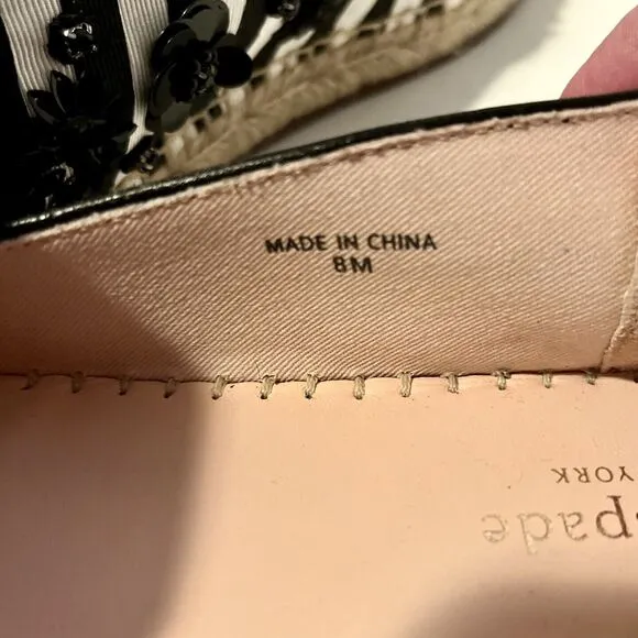 kate spade Leigh 8M Black/White Striped Sheep Nappa Espadrille Flat Sequin $158