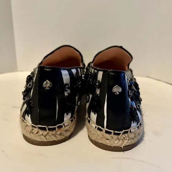 kate spade Leigh 8M Black/White Striped Sheep Nappa Espadrille Flat Sequin $158