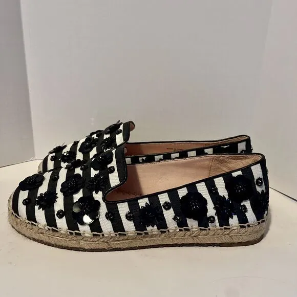kate spade Leigh 8M Black/White Striped Sheep Nappa Espadrille Flat Sequin $158