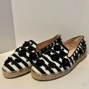 kate spade Leigh 8M Black/White Striped Sheep Nappa Espadrille Flat Sequin $158