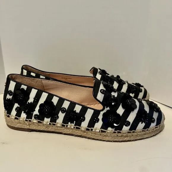 kate spade Leigh 8M Black/White Striped Sheep Nappa Espadrille Flat Sequin $158