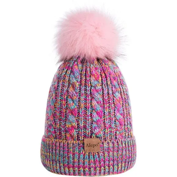 Kids Winter Beanie Children's Warm Fleece Lined Knit Thick Ski Cap with Pom