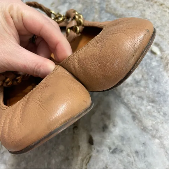 Lanvin Braided Ankle Strap Ballet Flats in Tan Brown Leather