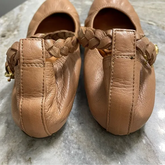 Lanvin Braided Ankle Strap Ballet Flats in Tan Brown Leather