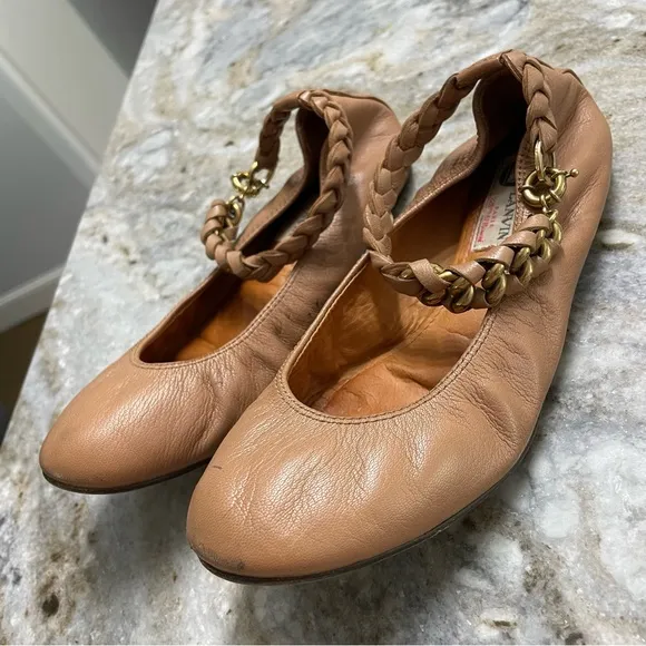 Lanvin Braided Ankle Strap Ballet Flats in Tan Brown Leather