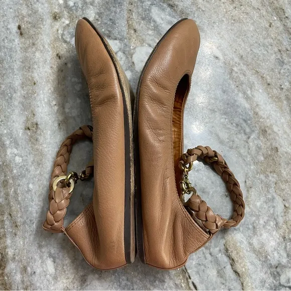 Lanvin Braided Ankle Strap Ballet Flats in Tan Brown Leather