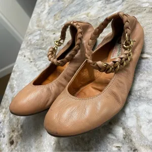 Lanvin Braided Ankle Strap Ballet Flats in Tan Brown Leather