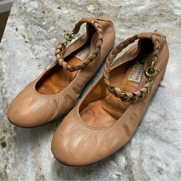 Lanvin Braided Ankle Strap Ballet Flats in Tan Brown Leather