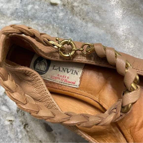 Lanvin Braided Ankle Strap Ballet Flats in Tan Brown Leather