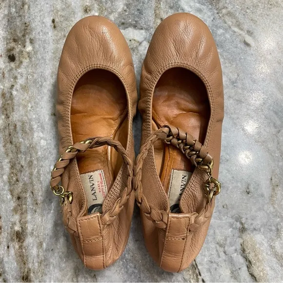 Lanvin Braided Ankle Strap Ballet Flats in Tan Brown Leather