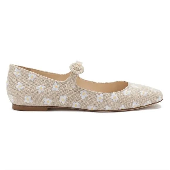 Larroude Blair Mary Jane Flats Size 5 Beige Canvas Embroidered Flowers NEW $315