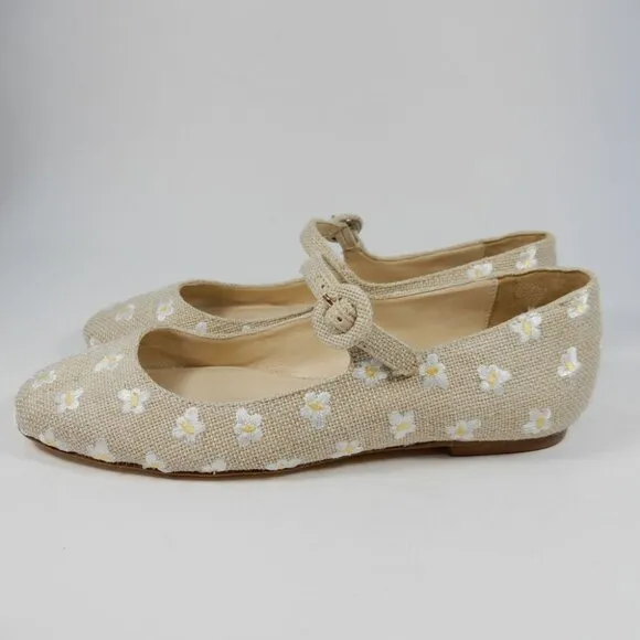 Larroude Blair Mary Jane Flats Size 5 Beige Canvas Embroidered Flowers NEW $315