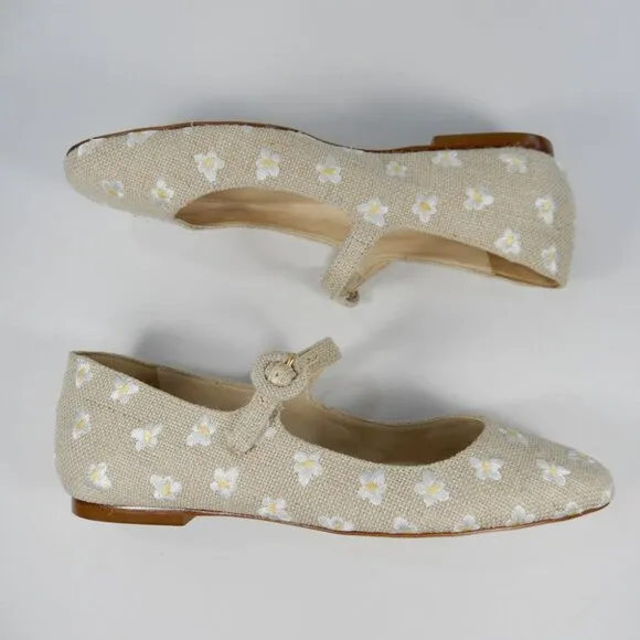 Larroude Blair Mary Jane Flats Size 5 Beige Canvas Embroidered Flowers NEW $315