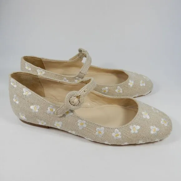 Larroude Blair Mary Jane Flats Size 5 Beige Canvas Embroidered Flowers NEW $315