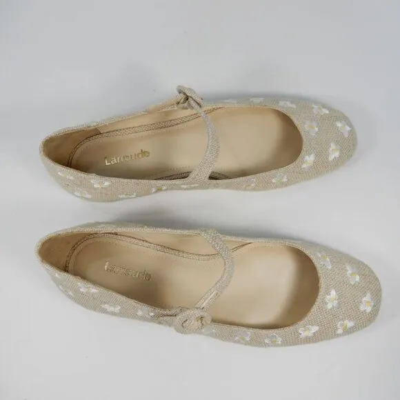 Larroude Blair Mary Jane Flats Size 5 Beige Canvas Embroidered Flowers NEW $315