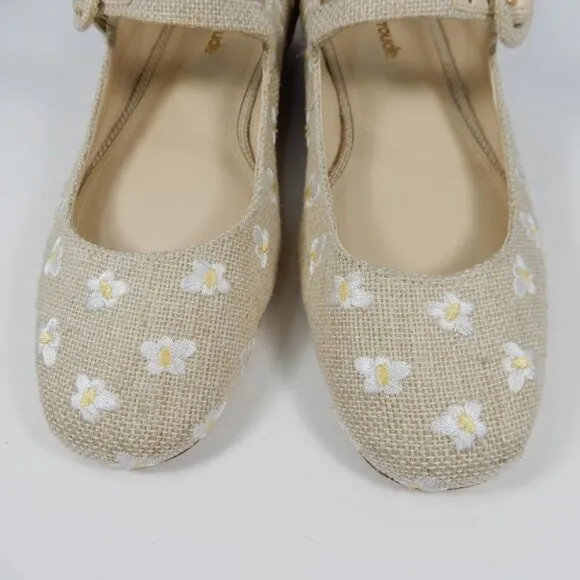 Larroude Blair Mary Jane Flats Size 5 Beige Canvas Embroidered Flowers NEW $315