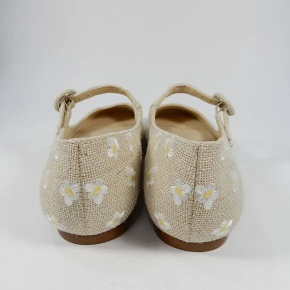 Larroude Blair Mary Jane Flats Size 5 Beige Canvas Embroidered Flowers NEW $315