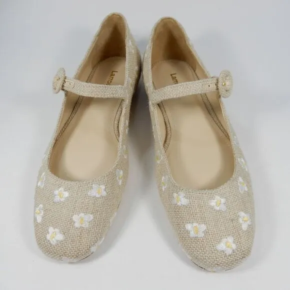 Larroude Blair Mary Jane Flats Size 5 Beige Canvas Embroidered Flowers NEW $315