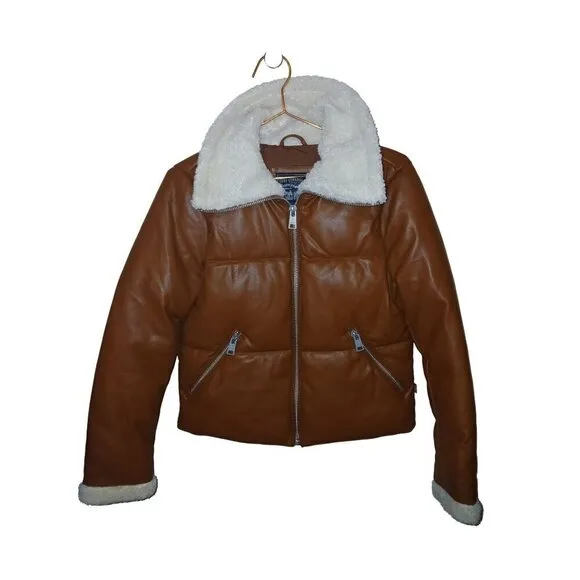 LEVI’S FAUX BROWN LEATHER QUILTED JACKET CREAM SHERPA LINING XS | LW9RU107