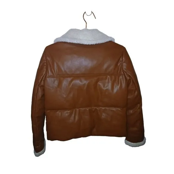 LEVI’S FAUX BROWN LEATHER QUILTED JACKET CREAM SHERPA LINING XS | LW9RU107