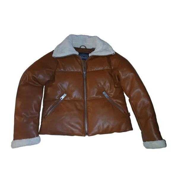 LEVI’S FAUX BROWN LEATHER QUILTED JACKET CREAM SHERPA LINING XS | LW9RU107