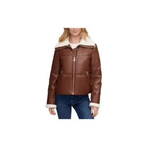 LEVI’S FAUX BROWN LEATHER QUILTED JACKET CREAM SHERPA LINING XS | LW9RU107