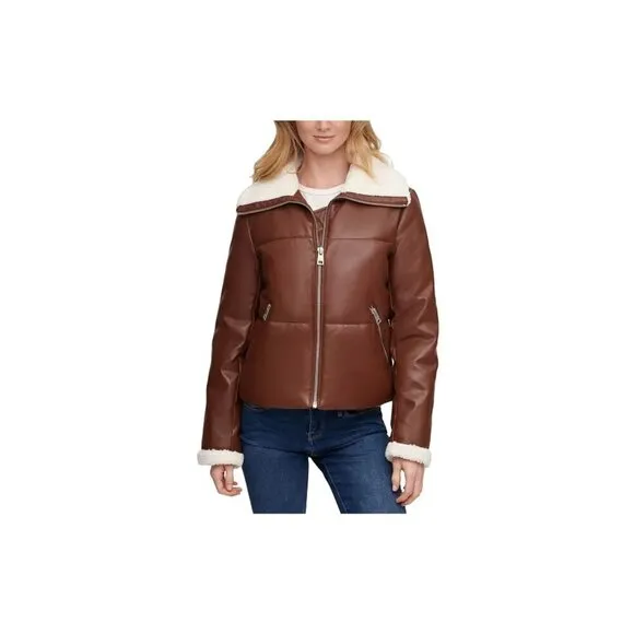 LEVI’S FAUX BROWN LEATHER QUILTED JACKET CREAM SHERPA LINING XS | LW9RU107