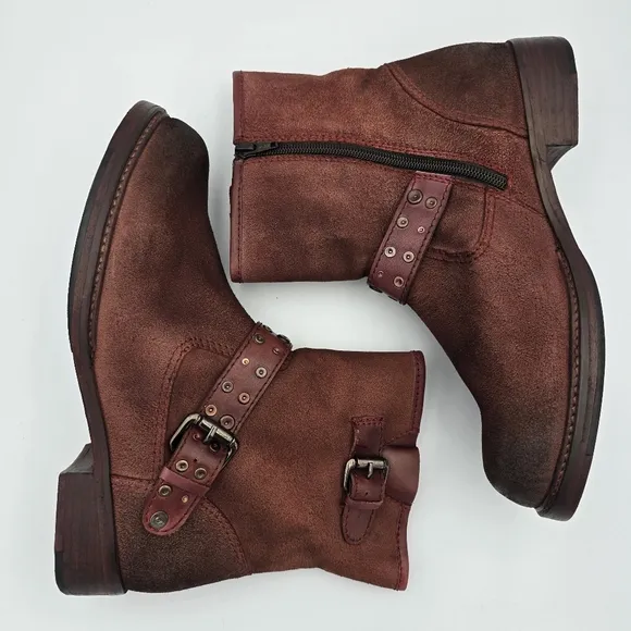 Like New Vintage Foundry Co Miriam Moto Booties, Dark Red, Women's Size 10