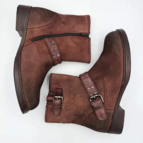 Like New Vintage Foundry Co Miriam Moto Booties, Dark Red, Women's Size 10