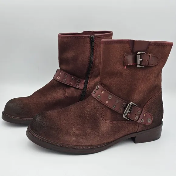 Like New Vintage Foundry Co Miriam Moto Booties, Dark Red, Women's Size 10
