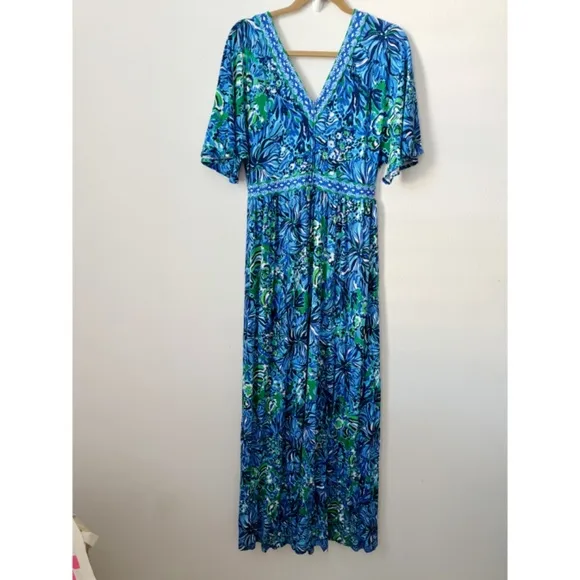 LILLY PULITZER Addison Floral Elbow Sleeve Maxi Dress Blue 8