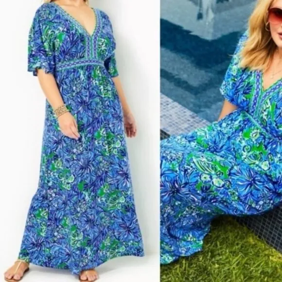 LILLY PULITZER Addison Floral Elbow Sleeve Maxi Dress Blue 8