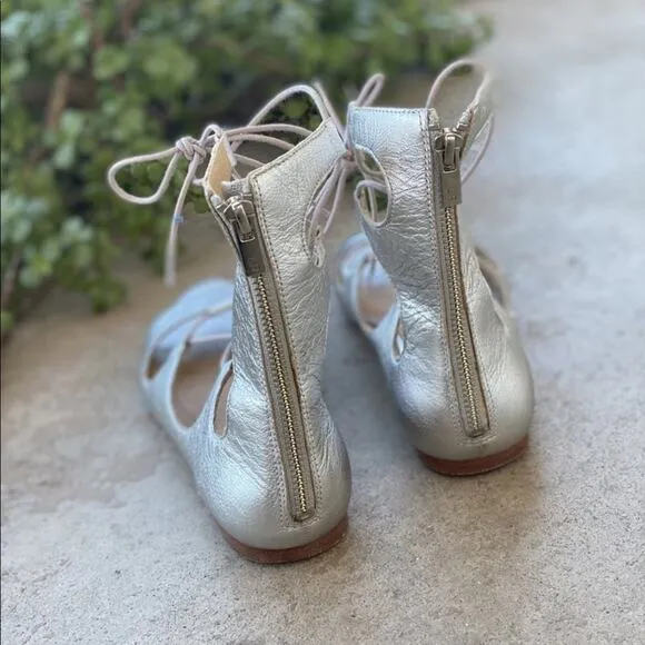 LOEFFLER RANDALL Metallic Silver Leather Lace Up Open Toe Strap Sandal Flats 8.5